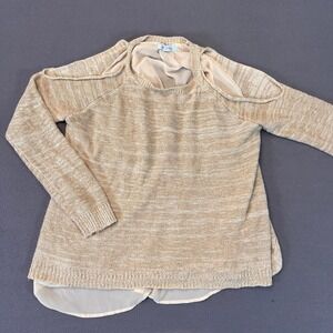She & Sky Sweater Med Cold Shoulder Knit Top Shirt Tail LS Beige Heather Striped